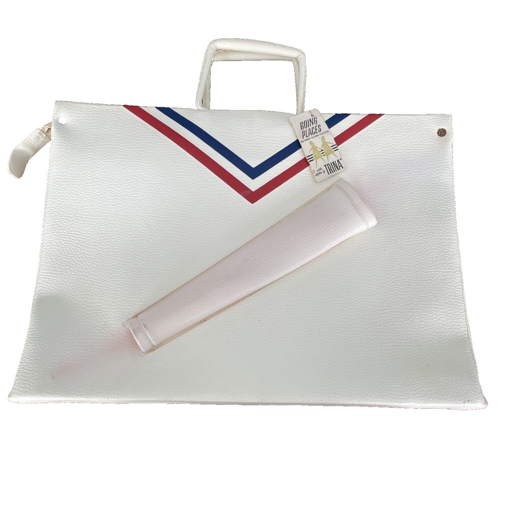 Vintage 60's Trina Inc Travel Bag Fall River, Mass White Vinyl USA Red Blue